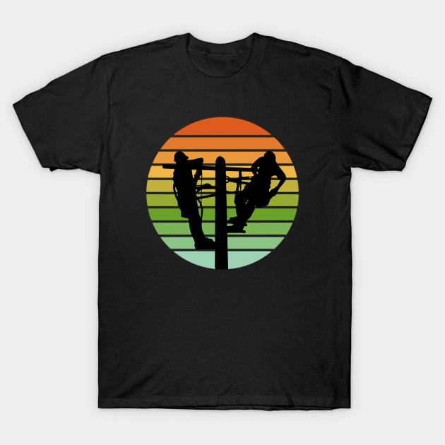 Lineman Repairing Damaged Power Lines Retro Sunset T-Shirt by Rosemarie Guieb Designs